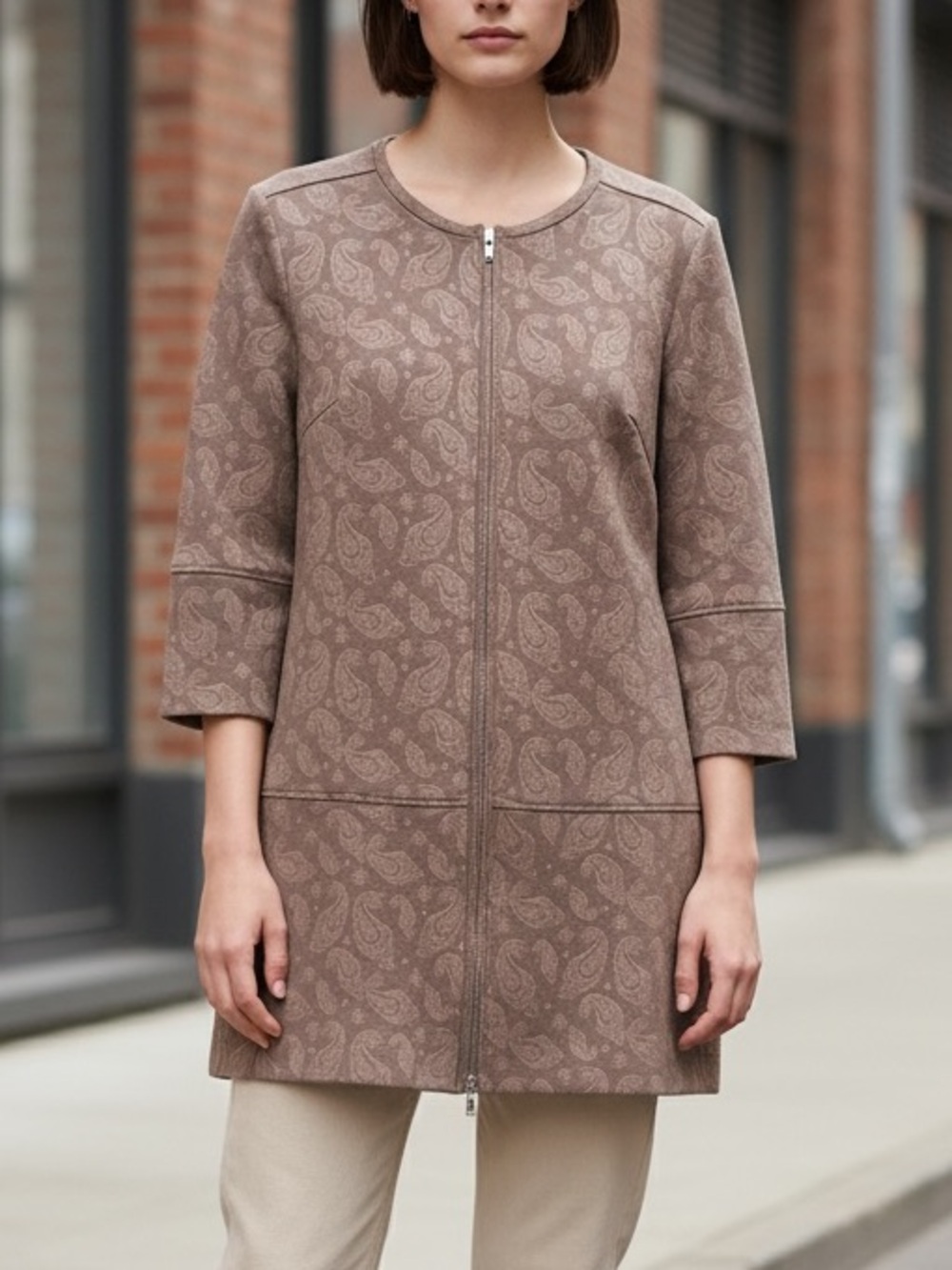 Chico’s Brown Paisley Print Faux Suede Zip Front Jacket Size 2 Reg 12/14 L
